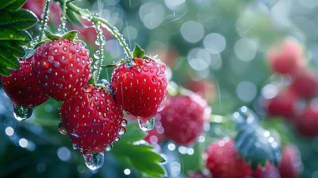 Ripe  wild strawberries on branches, showcasing the juicy and sweet berries of summer in a fresh, isolated macro image