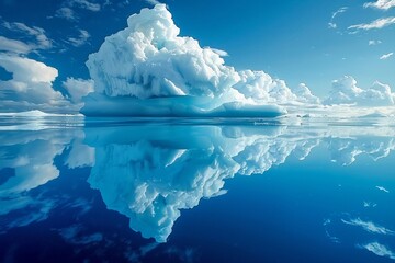 Iceberg s reflection on the underside of the water surface, creating a mirror image, in a peaceful and contemplative underwater scene