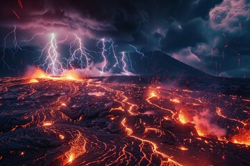 Lightning storm above a lava flow, with electric flashes contrasting against the glowing red magma, a scene of elemental fury - obrazy, fototapety, plakaty
