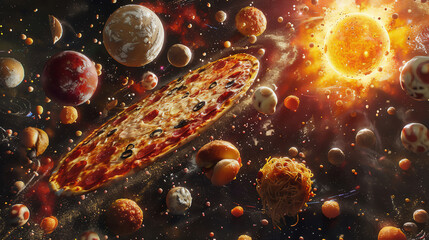 An unreal scene where pizzas are planets orbiting in a spaghetti galaxy, with a meatball sun
