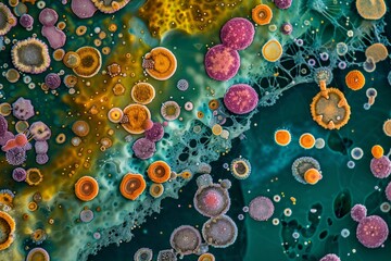 Microbial landscape, magnified view of bacterial colonies resembling an aerial earth view, vibrant and detailed, in a scientific exhibition