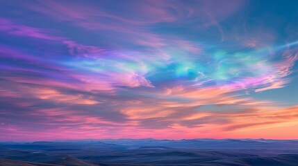 Nacreous clouds, iridescent and glowing at high altitudes, ethereal and colorful, in a polar region sunrise