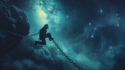 Man breaks the shackles and becomes free.