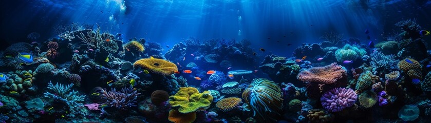 Night dive scene in a coral reef, with divers flashlights illuminating vibrant corals and exotic fish, mysterious and colorful