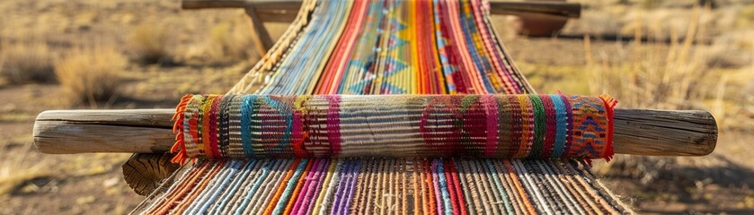 Navajo loom, outdoor setting, vibrant and colorful, with intricate patterns, in a desert landscape , featuring hyper-detailed