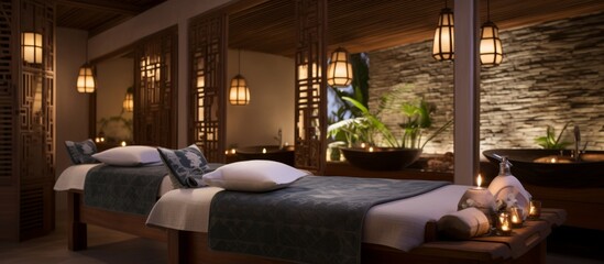 The cozy interior of a room with two beds adorned with candles on the side tables, creating a warm and inviting ambiance