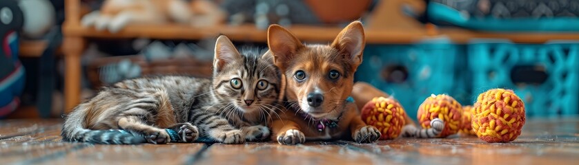 A ginger kitten and a small puppy lie side by side on a wooden floor, with toys. - obrazy, fototapety, plakaty