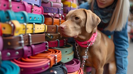 A Vizsla dog attentively sniffs at a vibrant selection of leather collars while shopping with its owner in a pet store. - obrazy, fototapety, plakaty