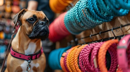 A thoughtful Boxer dog sits beside a collection of bright rope leashes, possibly picking one out at the pet store. - obrazy, fototapety, plakaty