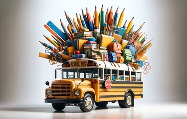 a bus carrying an assortment of school supplies on its roof - obrazy, fototapety, plakaty
