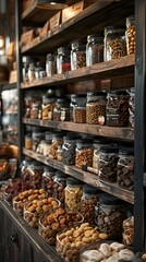 A rustic pet store display features shelves stocked with jars and bowls of various dog treats, offering a wide selection for pet owners.