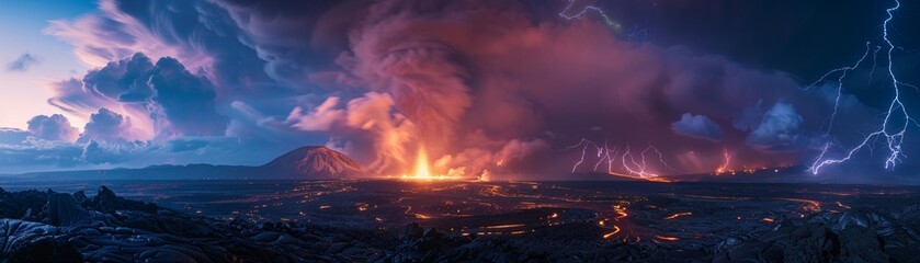 Panoramic view of a volcanic eruption with widespread lightning, a cataclysmic event in a vast, untouched wilderness - obrazy, fototapety, plakaty