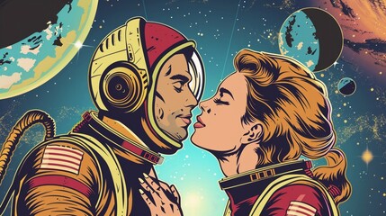 Retro astronaut couple, pop art style, romantic and whimsical, sharing a moment on a spacewalk with Earth in view , Bright and Airy