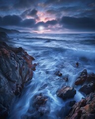 Rocky coastline, where the surf glows with natural light, rugged and aweinspiring, in the dark of night , Magazine Photography