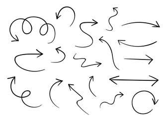 Set of vector curved arrows hand drawn. Sketch doodle style. Collection of pointers.