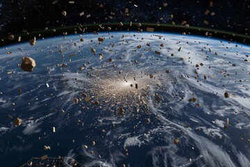 Satellite view of Earth, overlaid with trajectories of space junk, hightech and informative, showing dense debris orbits