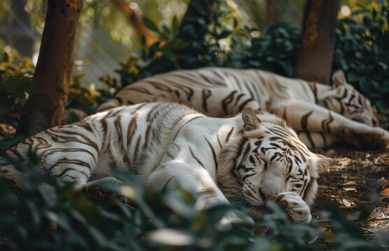 Two white tigers, one sitting on the ground and another lying down, were photographed in an outdoor environment at noon