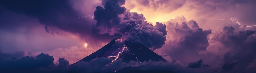 Silhouette of a volcano against a backdrop of lightningfilled ash clouds, ominous and striking in a twilight environment - obrazy, fototapety, plakaty