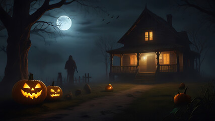 scary night, Halloween day, a haunted horror house in the moonlight, scary environment, AI Generative