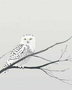 Snowy owl, minimalist cartoon, tranquil and wise, perched in a stark, white winter setting , Sports Photography