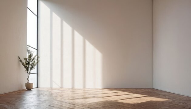 empty white room wall with shadow and light from windows, white interior background with greenery for product presentation, minimalist style, modern interior concept