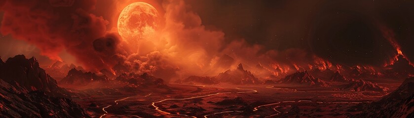 Volcanic alien terrain, with lava rivers and smoky skies, dark and ominous, under a red dwarf star , Product Photography - obrazy, fototapety, plakaty
