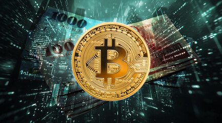 Bitcoin with abstract computer coding with glow light