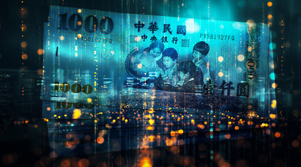 Double exposure of Abstract computer coding with glow light and Taiwanese dollar banknote