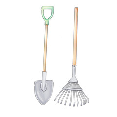Watercolor garden tools - shovel and rake, isolated. Farming clip art