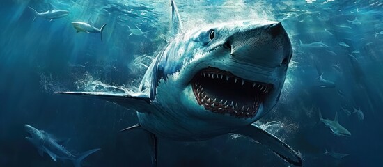 Desktop wallpaper featuring a dangerous shark, Generative AI  - obrazy, fototapety, plakaty