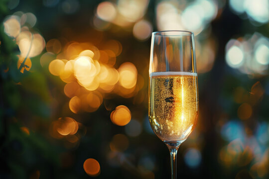 A glass of champagne, bokeh in the back. Background image. Created with Generative AI technology.