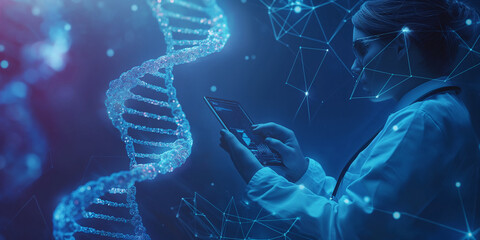 A female doctor, scientist or genetic researcher using a tablet in luminous DNA molecule structure with a blue background. Hologram, AR healthcare, and network. Medical science and biotechnology. - obrazy, fototapety, plakaty