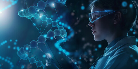 A female doctor, scientist or genetic researcher using a tablet in luminous DNA molecule structure with a blue background. Hologram, AR healthcare, and network. Medical science and biotechnology.