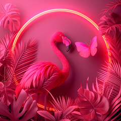 Layout of tropical leaves with flamingos in neon pink light. Creative fluorescent color composition