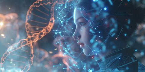 A female doctor, scientist or genetic researcher using a tablet in luminous DNA molecule structure with a blue background. Hologram, AR healthcare, and network. Medical science and biotechnology. - obrazy, fototapety, plakaty