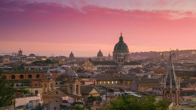 Evening sunset shot of Rome old town from Terrazza Viale del Belvedere. Epic panning shot of sunset in Rome, Italy. High quality HDR, UHD, 4K