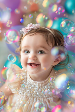 A cute baby girl surrounded by colorful bubbles