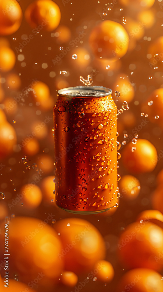 Wall mural orange plain soft-drink can floating with splashing water drops, fresh oranges in the air with orang