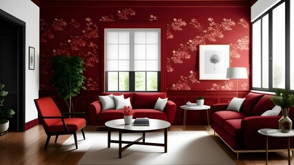 living room with interior decoration and red sofa