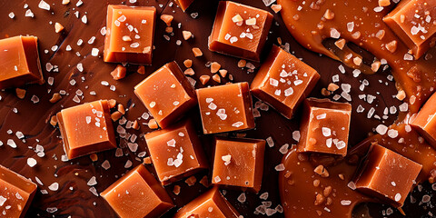 Salted caramel pieces close-up, top view. Taffy - obrazy, fototapety, plakaty