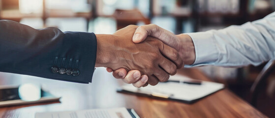 Two people shaking hands in front of a table with papers and a laptop by AI generated image - obrazy, fototapety, plakaty