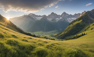 Majestic mountain range, tranquil meadow, panoramic landscape, beauty in nature , detailed