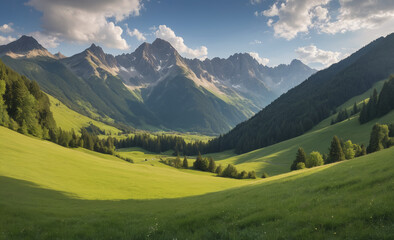 Fototapeta na wymiar Majestic mountain range, tranquil meadow, panoramic landscape, beauty in nature , detailed