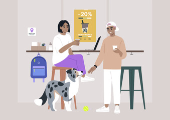 Two characters are seated at a table, accompanied by their loyal blue marble border collie