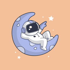 Astronaut relaxing in space on a moon funny cartoon vector illustration in retro vintage style