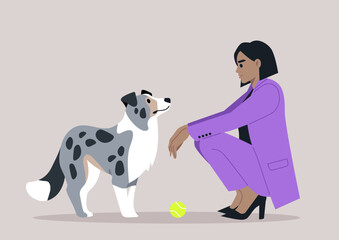 Businesswoman and Blue Marble Border Collie Share a Moment before work, A female owner in a purple suit kneels to say goodbye to a speckled Border Collie beside a yellow ball