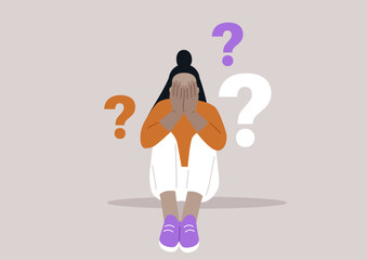 Dilemma of Uncertainty, A Person Surrounded by Questions, a character sits overwhelmed with hands covering their face, flanked by floating question marks