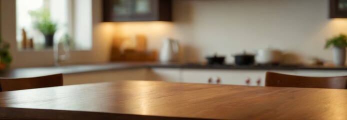 Empty wooden table in the kitchen, blurred background, modern interior style, background for the presentation of products, food, recipes. wide banner, copy space