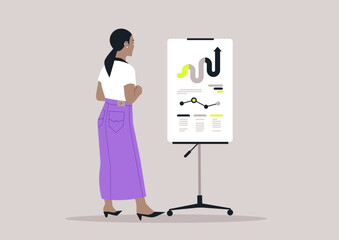 A woman stands confidently in front of a colorful flip chart featuring an infographics