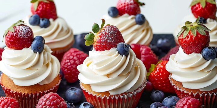Close-up photo of cupcakes with strawberries and blueberries on a plate, Generative AI 